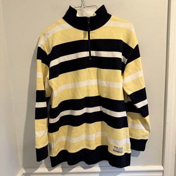 LRL Ralph Lauren Womens Yellow Terry Nautical Striped 1/4 Zip Pullover Sz PP - Picture 1 of 6